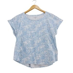 L.L. Bean Signature Top Women XL Blue Geometric Print Cuffed Sleeve Cotton